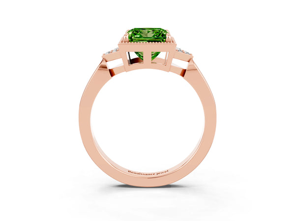 Rose gold Princess Cut Peridot Halo Ring with Tapered Band and Four-Prong Setting