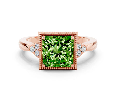 Rose gold Princess Cut Peridot Halo Ring with Tapered Band and Four-Prong Setting
