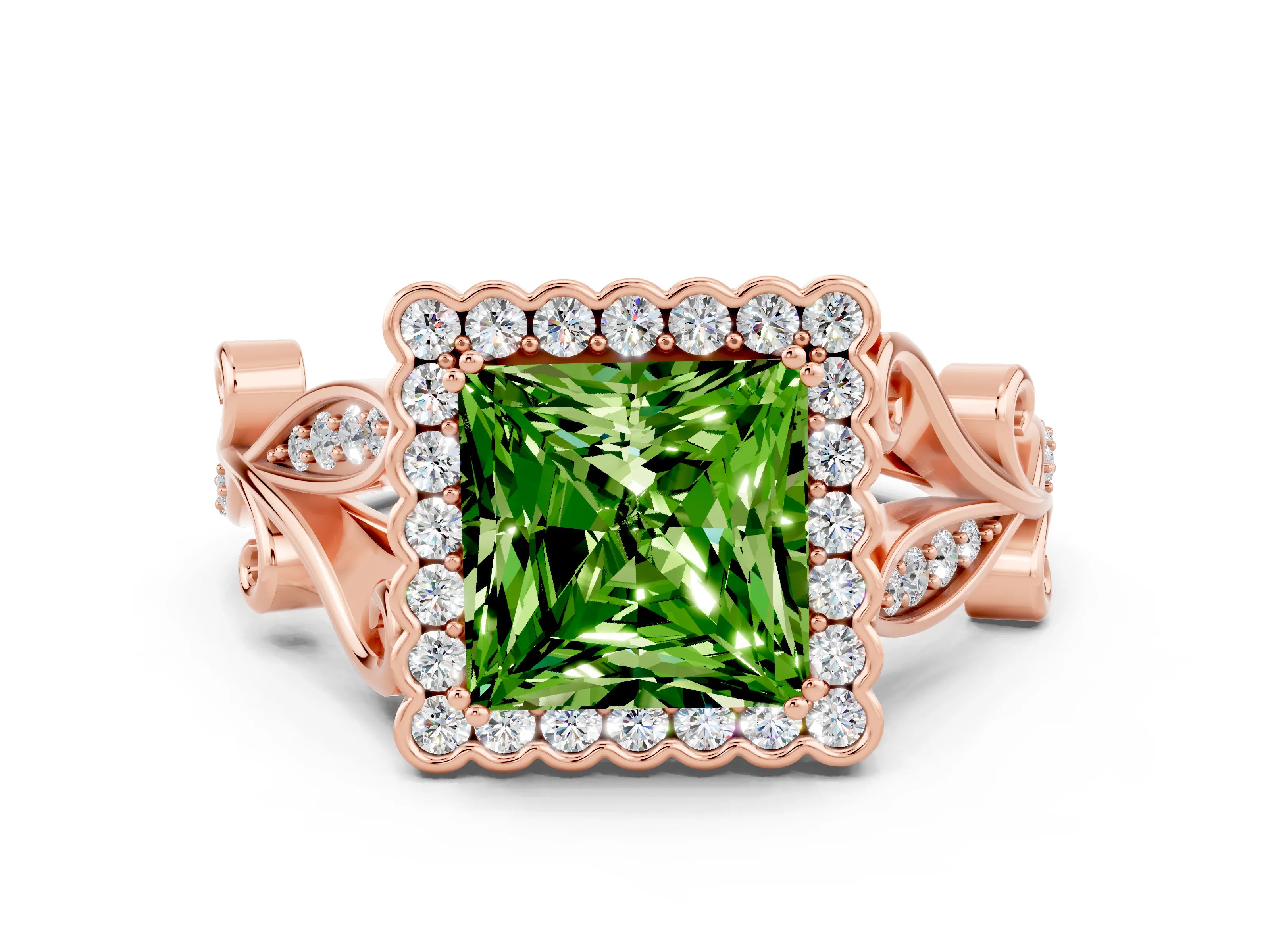 Rose gold Princess Cut Peridot Halo Ring with Vintage Split Shank and Four-Prong Setting