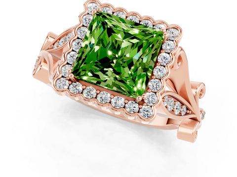 Rose gold Princess Cut Peridot Halo Ring with Vintage Split Shank and Four-Prong Setting_1
