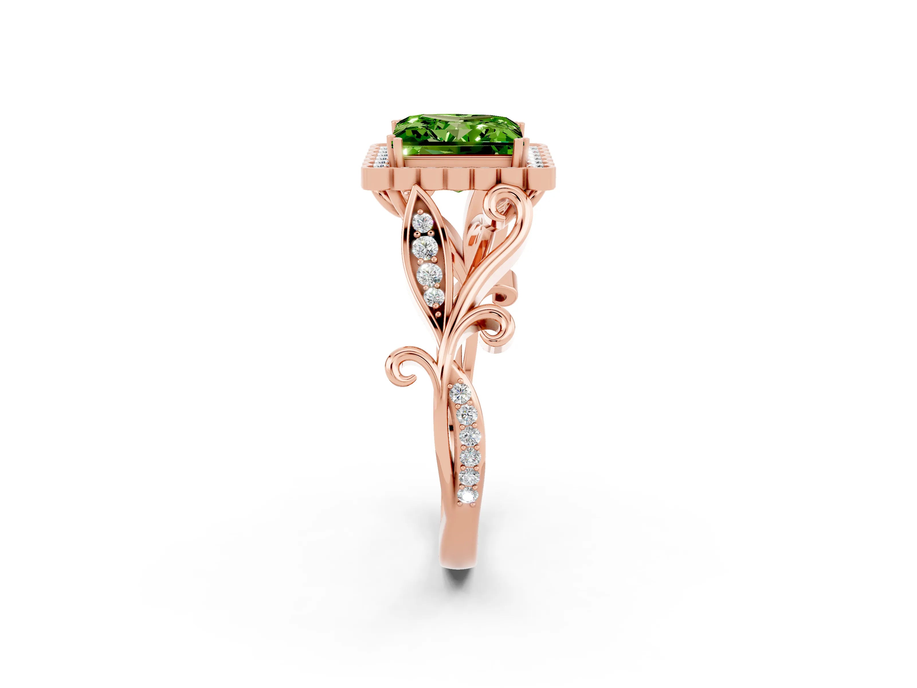 Rose gold Princess Cut Peridot Halo Ring with Vintage Split Shank and Four-Prong Setting_2