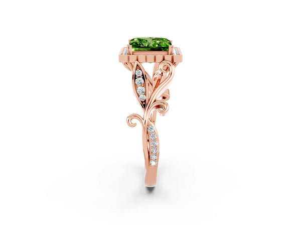 Rose gold Princess Cut Peridot Halo Ring with Vintage Split Shank and Four-Prong Setting