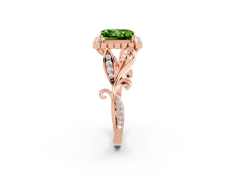 Rose gold Princess Cut Peridot Halo Ring with Vintage Split Shank and Four-Prong Setting_2