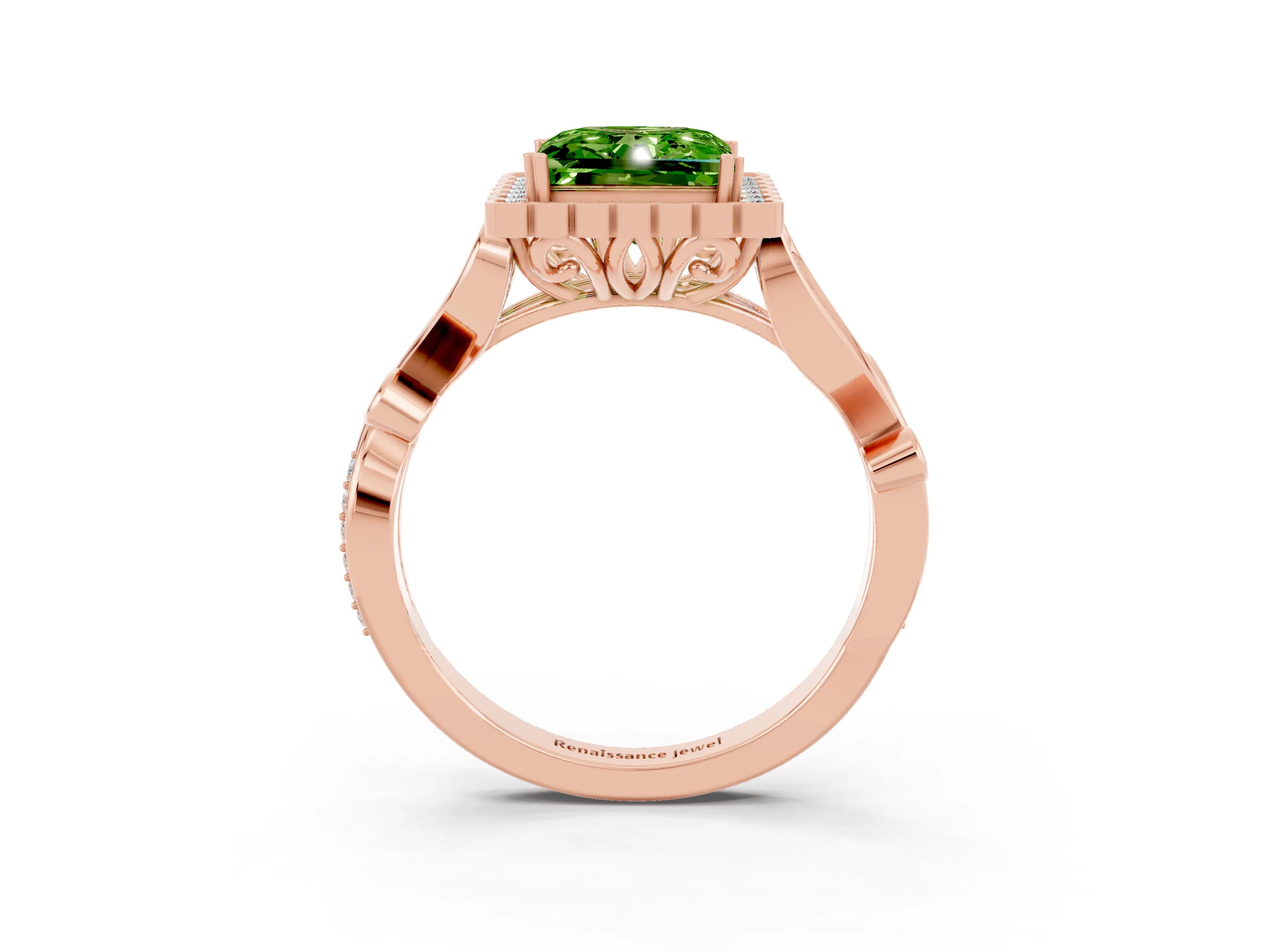 Rose gold Princess Cut Peridot Halo Ring with Vintage Split Shank and Four-Prong Setting_3