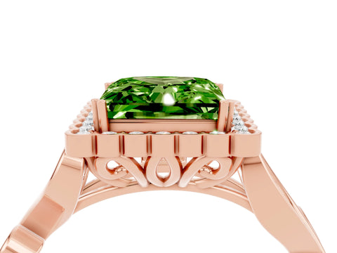 Rose gold Princess Cut Peridot Halo Ring with Vintage Split Shank and Four-Prong Setting_4