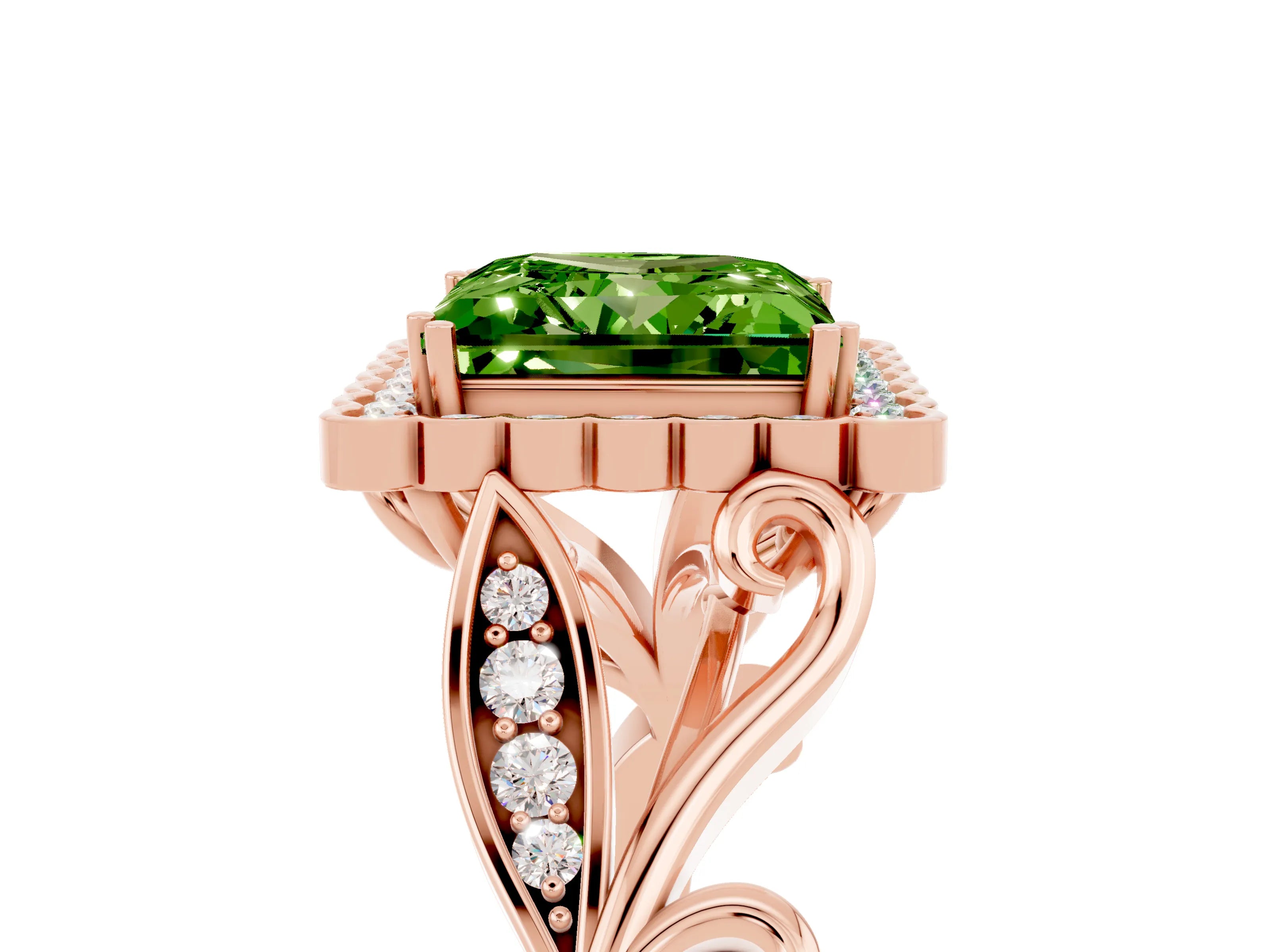 Rose gold Princess Cut Peridot Halo Ring with Vintage Split Shank and Four-Prong Setting_5
