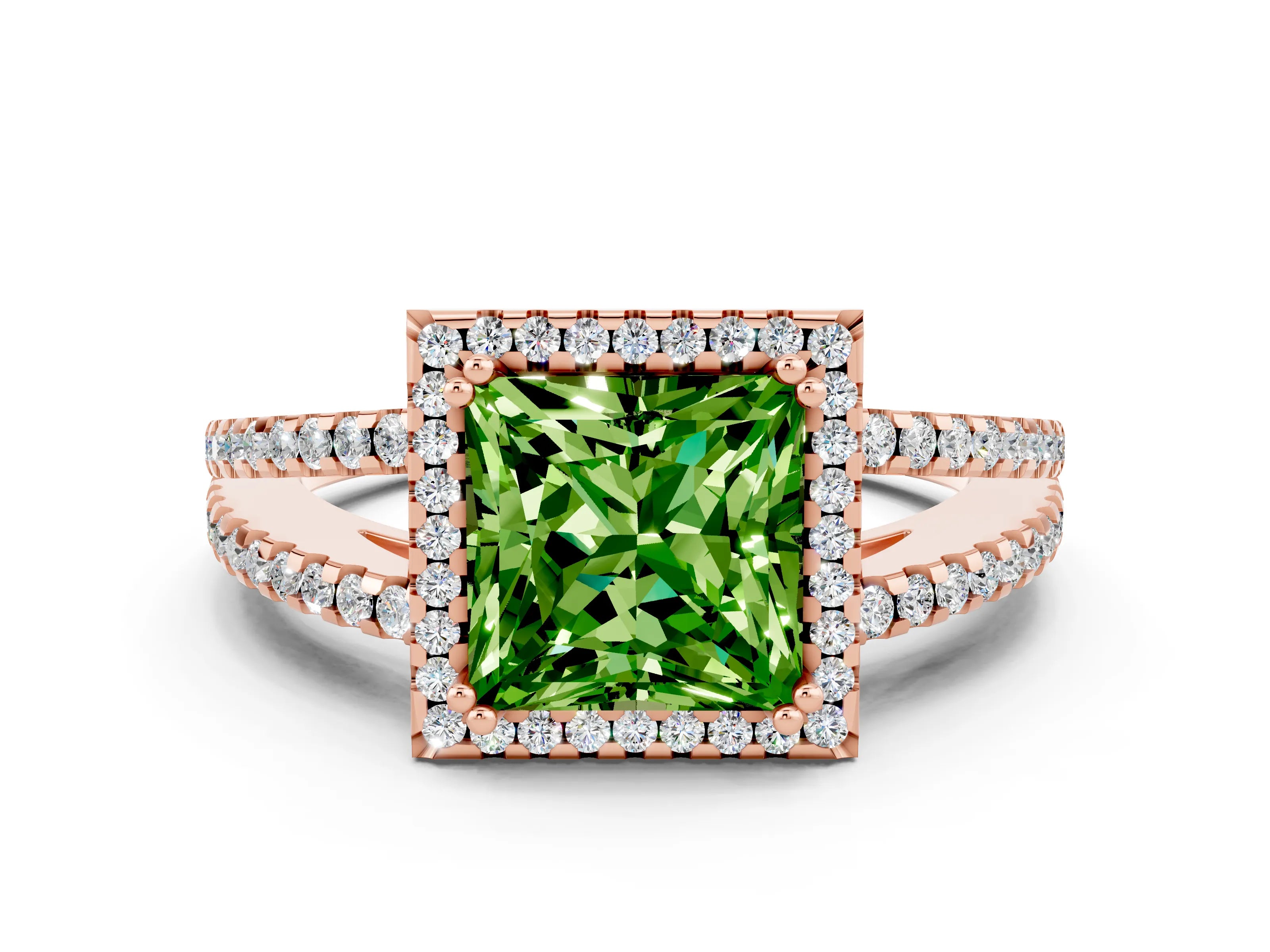 Rose gold Princess Cut Peridot Halo Split Shank Engagement Ring_12