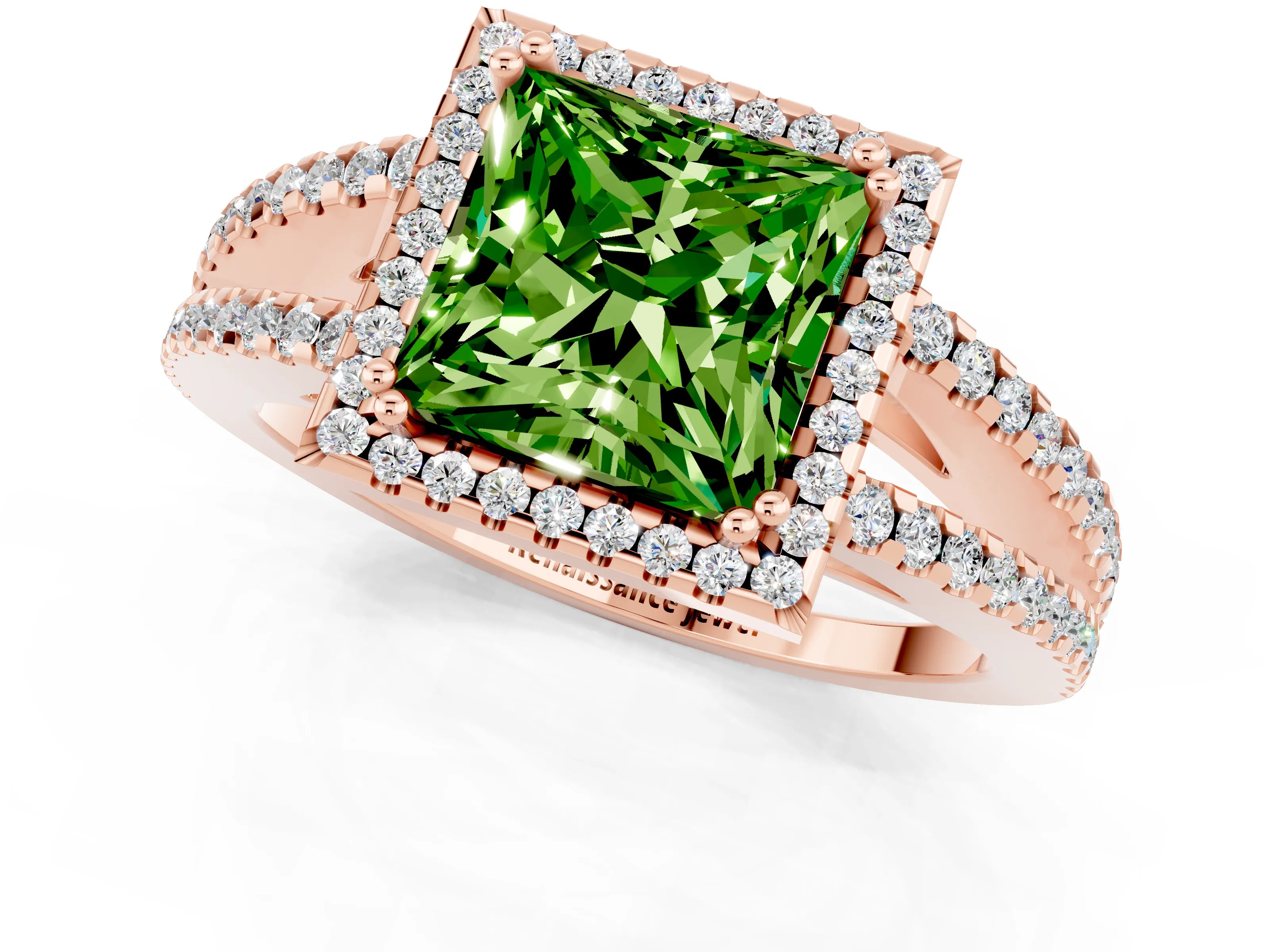 Rose gold Princess Cut Peridot Halo Split Shank Engagement Ring_13