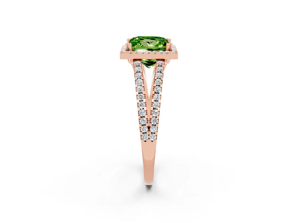 Rose gold Princess Cut Peridot Halo Split Shank Engagement Ring