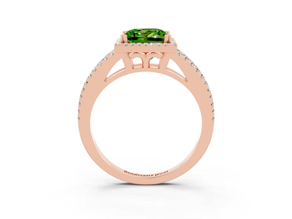 Rose gold Princess Cut Peridot Halo Split Shank Engagement Ring