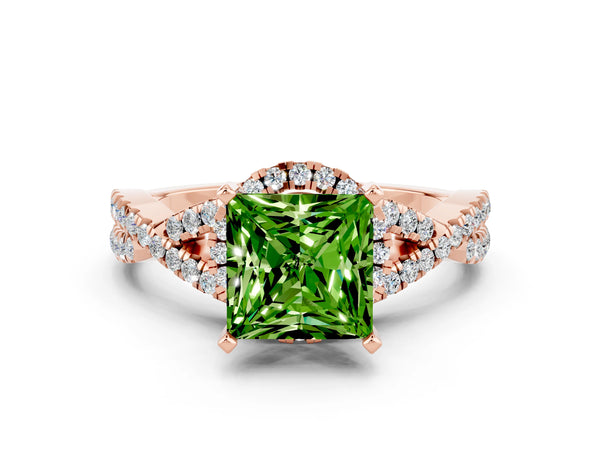 Rose gold Princess Cut Peridot  Halo Twist Band Solitaire Prong Setting Ring