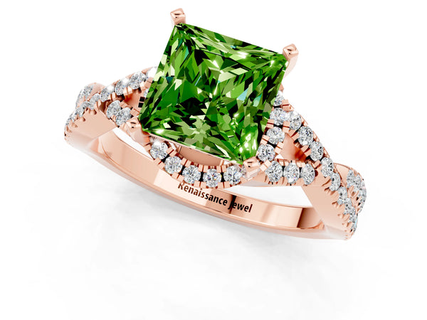 Rose gold Princess Cut Peridot  Halo Twist Band Solitaire Prong Setting Ring