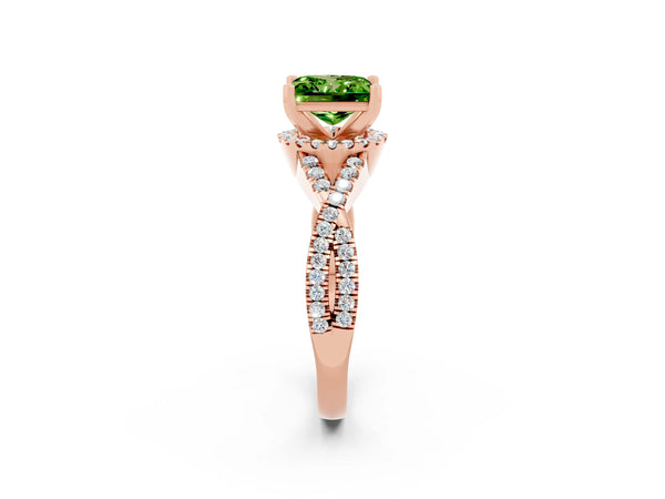 Rose gold Princess Cut Peridot  Halo Twist Band Solitaire Prong Setting Ring