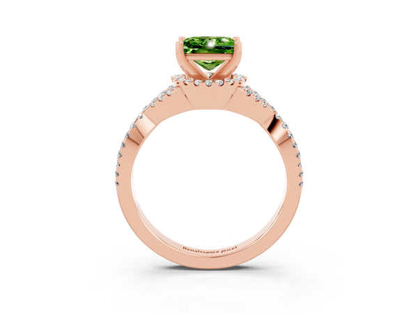 Rose gold Princess Cut Peridot  Halo Twist Band Solitaire Prong Setting Ring