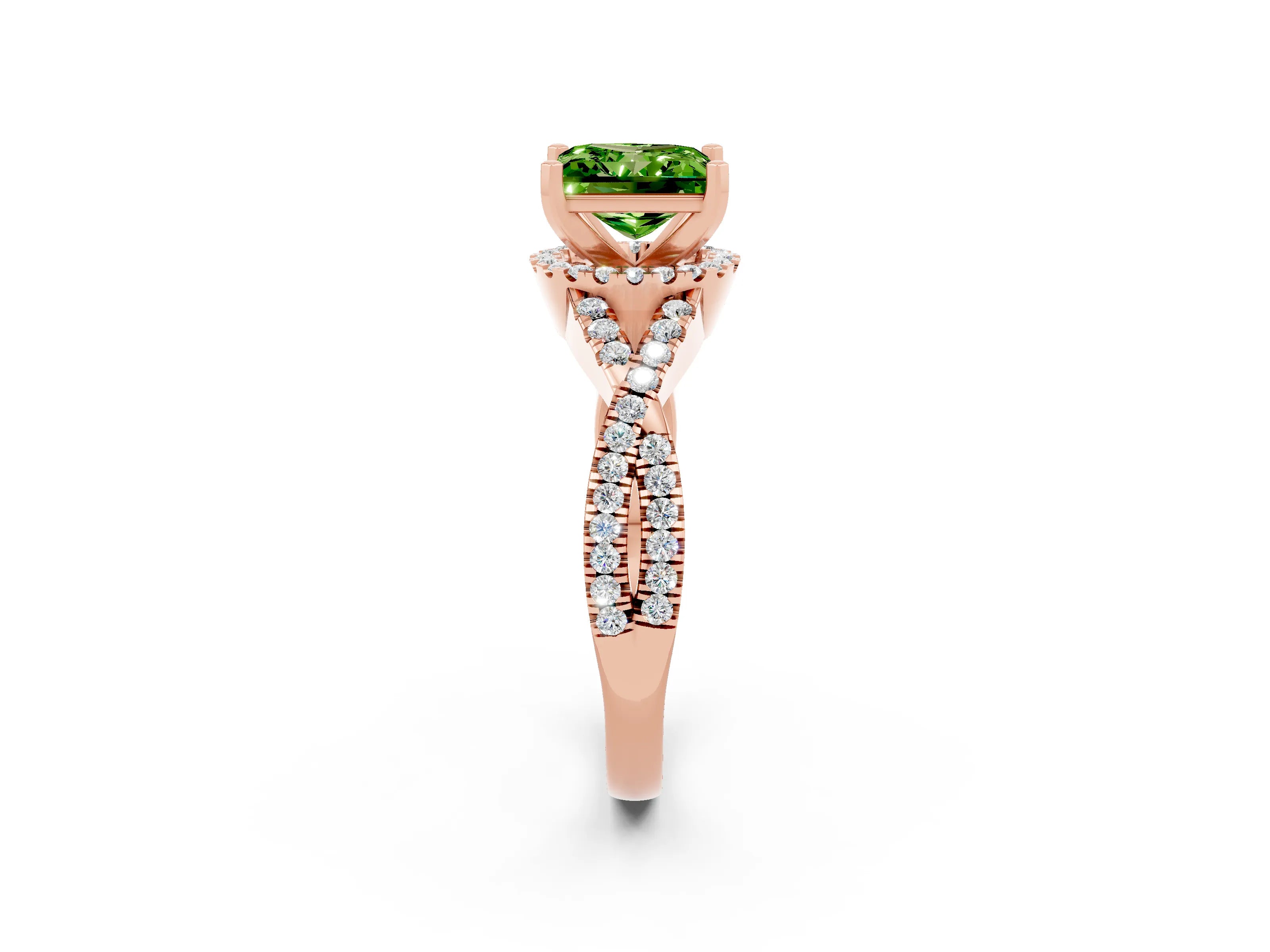 Rose gold Princess Cut Peridot Halo Twist Band Solitaire Prong Setting Ring_2