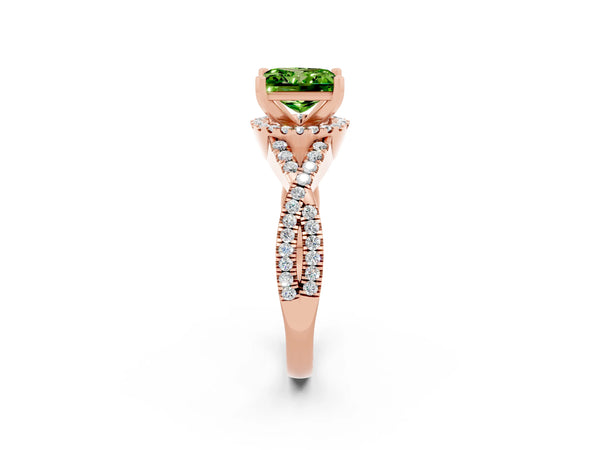 Rose gold Princess Cut Peridot  Halo Twist Band Solitaire Prong Setting Ring