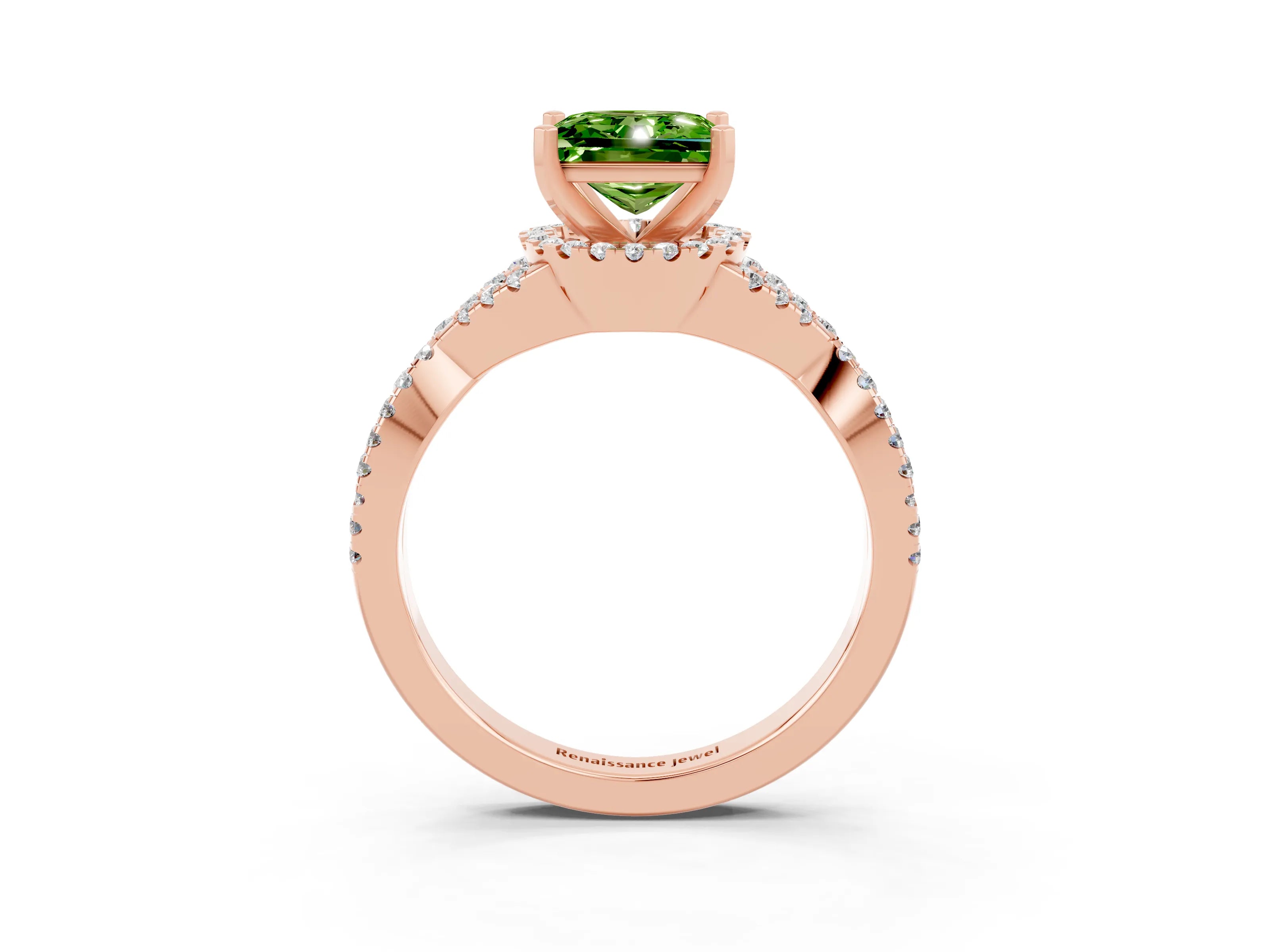 Rose gold Princess Cut Peridot Halo Twist Band Solitaire Prong Setting Ring_3