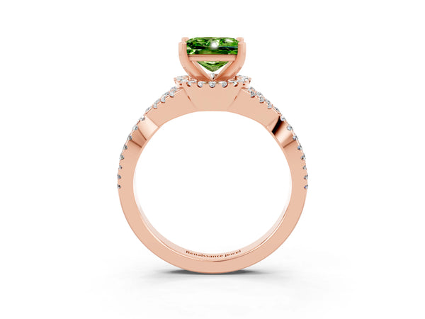 Rose gold Princess Cut Peridot  Halo Twist Band Solitaire Prong Setting Ring
