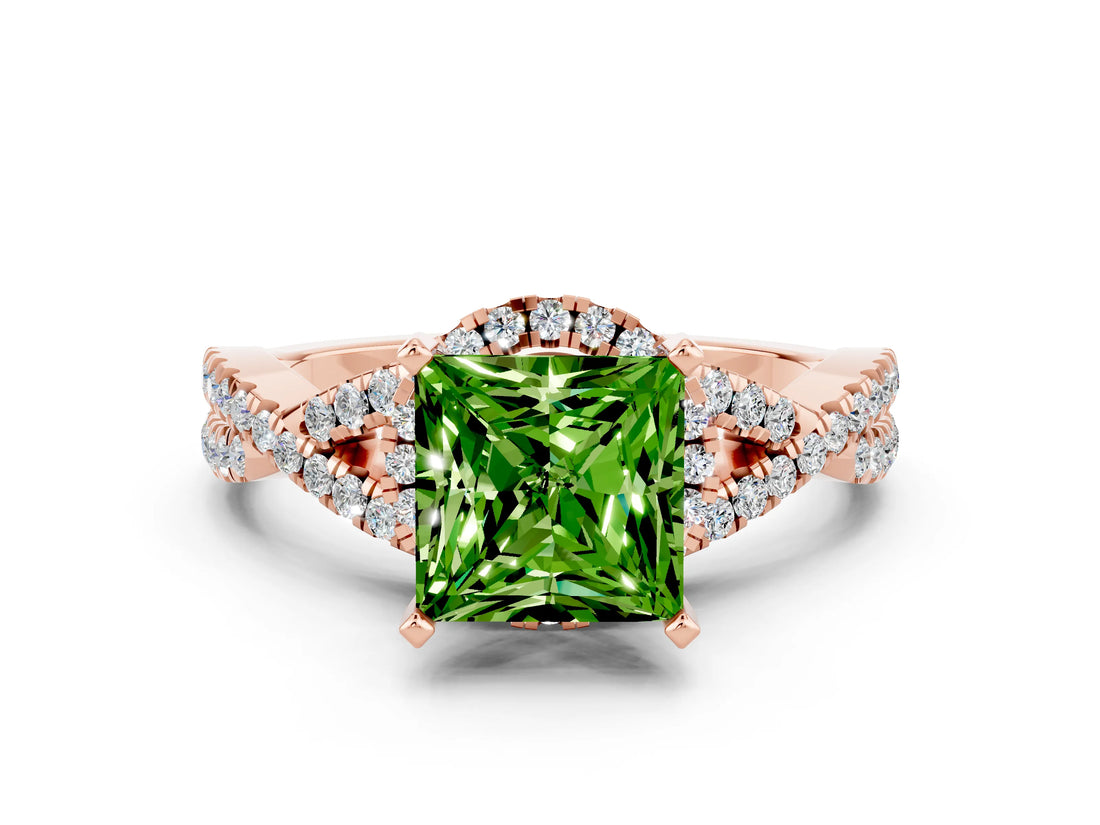Rose gold Princess Cut Peridot  Halo Twist Band Solitaire Prong Setting Ring_36