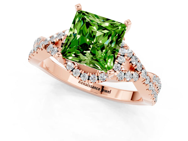 Rose gold Princess Cut Peridot  Halo Twist Band Solitaire Prong Setting Ring
