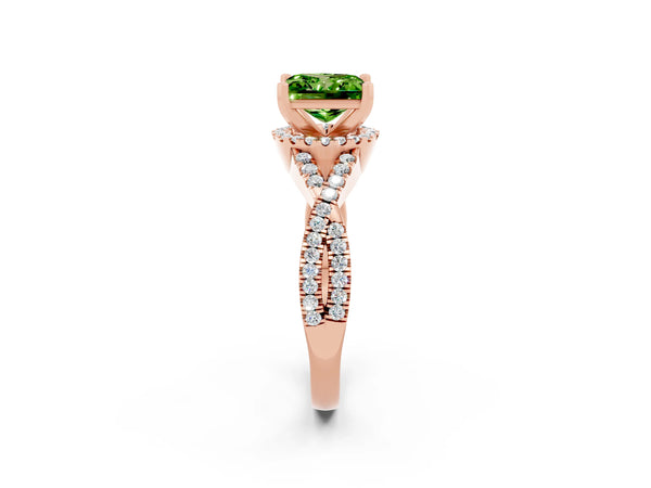 Rose gold Princess Cut Peridot  Halo Twist Band Solitaire Prong Setting Ring
