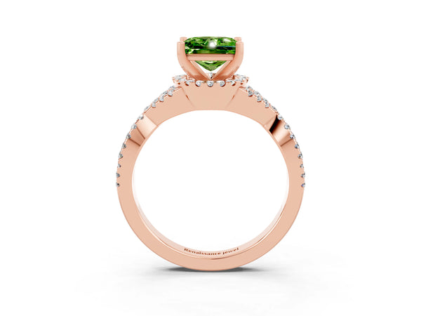 Rose gold Princess Cut Peridot  Halo Twist Band Solitaire Prong Setting Ring