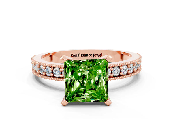 Rose gold Princess Cut Peridot Milgrain Pavé Engagement Ring with Four-Prong Setting