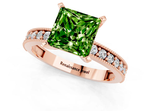 Rose gold Princess Cut Peridot Milgrain Pavé Engagement Ring with Four-Prong Setting_13