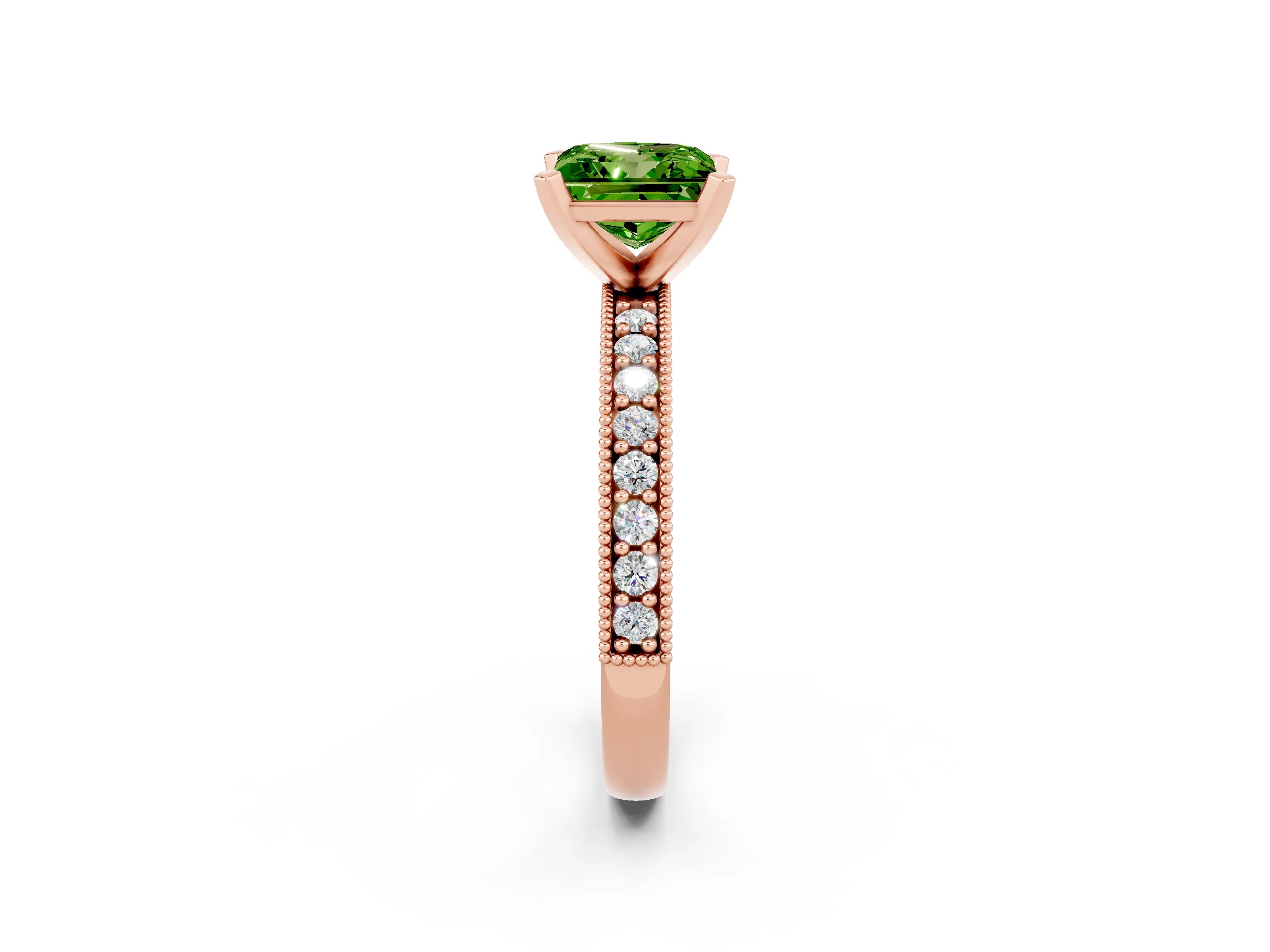 Rose gold Princess Cut Peridot Milgrain Pavé Engagement Ring with Four-Prong Setting_14