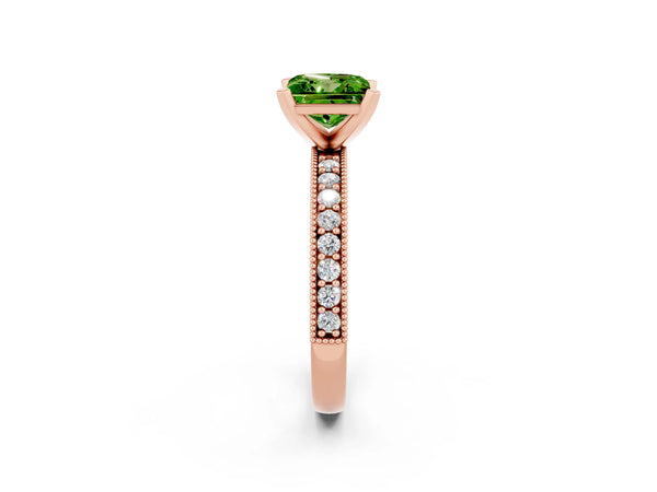 Rose gold Princess Cut Peridot Milgrain Pavé Engagement Ring with Four-Prong Setting