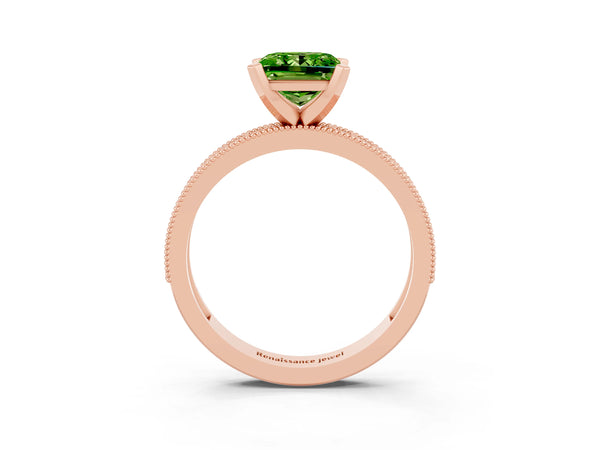 Rose gold Princess Cut Peridot Milgrain Pavé Engagement Ring with Four-Prong Setting
