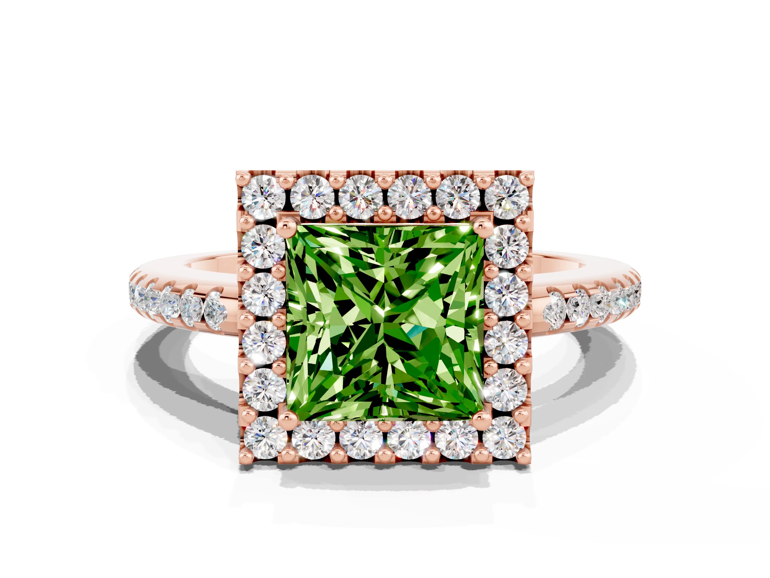 Rose gold Princess Cut Peridot Pavé Halo Ring with Four-Prong Setting_32