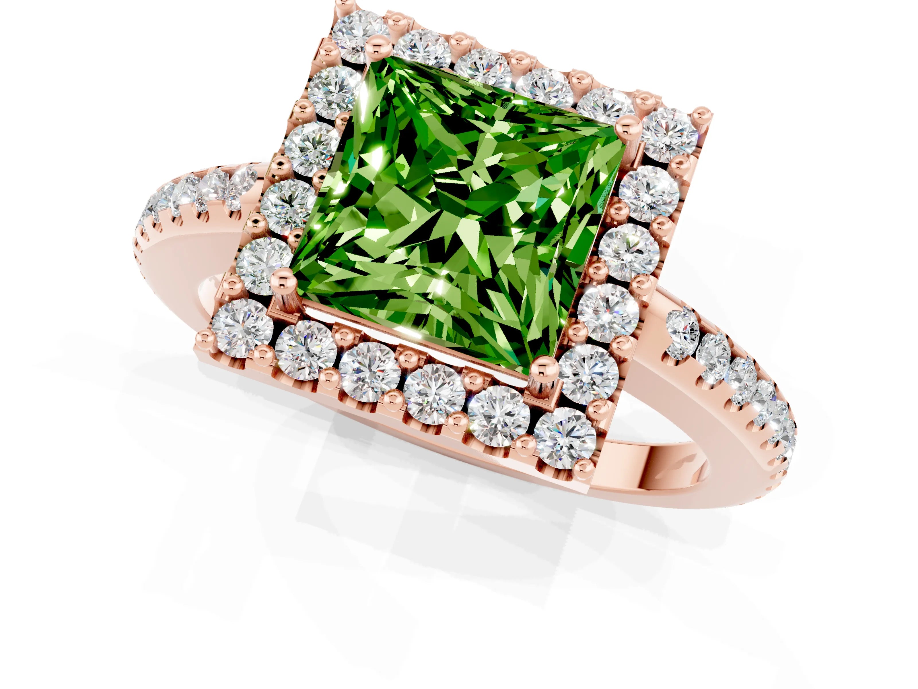 Rose gold Princess Cut Peridot Pavé Halo Ring with Four-Prong Setting_33
