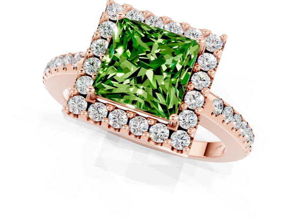Rose gold Princess Cut Peridot Pavé Halo Ring with Four-Prong Setting
