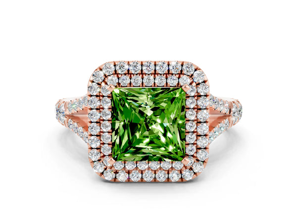 Rose gold Princess Cut Peridot Pavé Split Shank Double Halo Engagement Ring