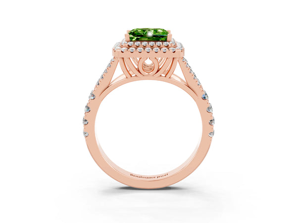Rose gold Princess Cut Peridot Pavé Split Shank Double Halo Engagement Ring