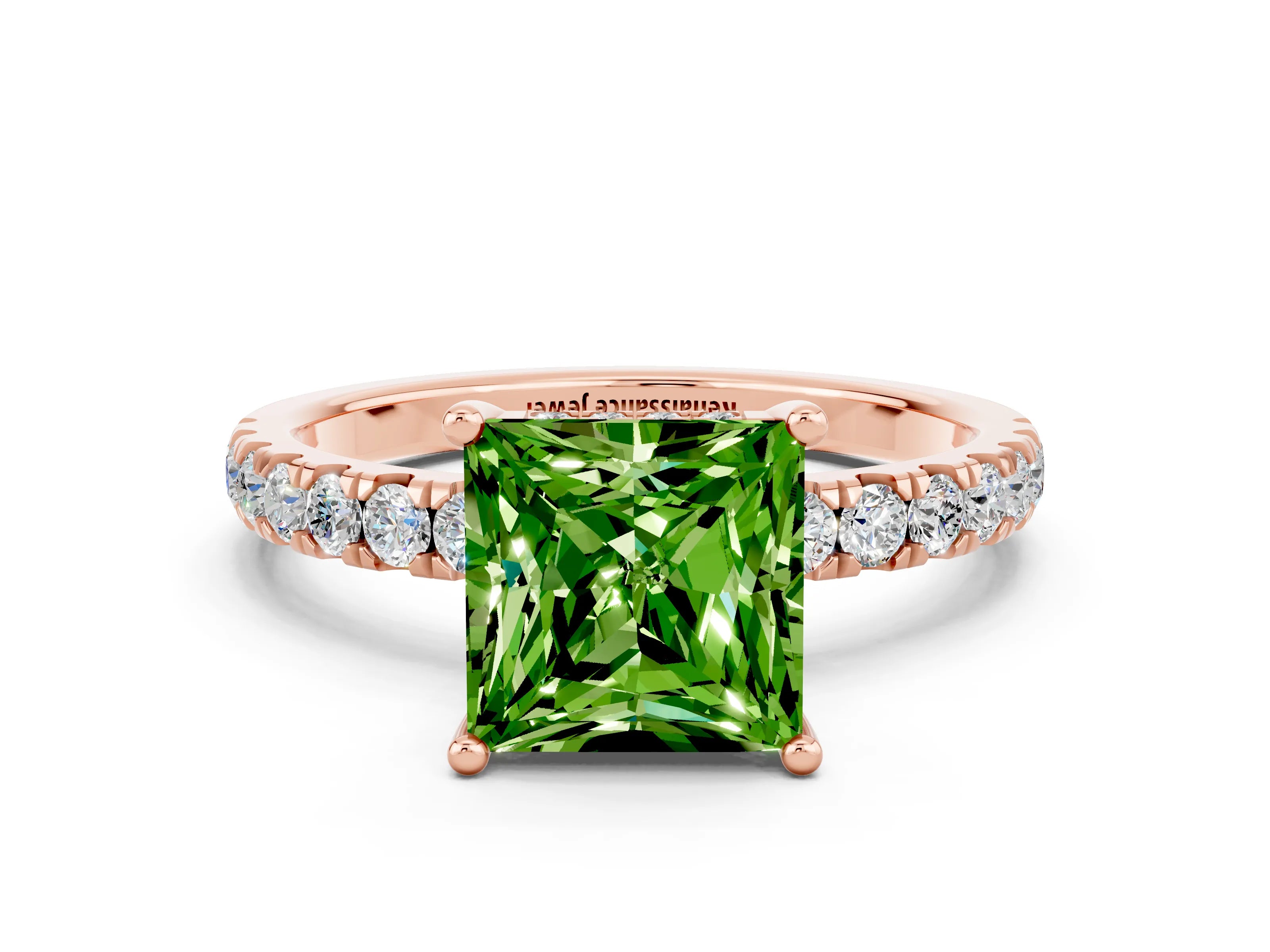 Rose gold Princess Cut Peridot Pave Band Solitaire Ring with Four-Prong Setting_24