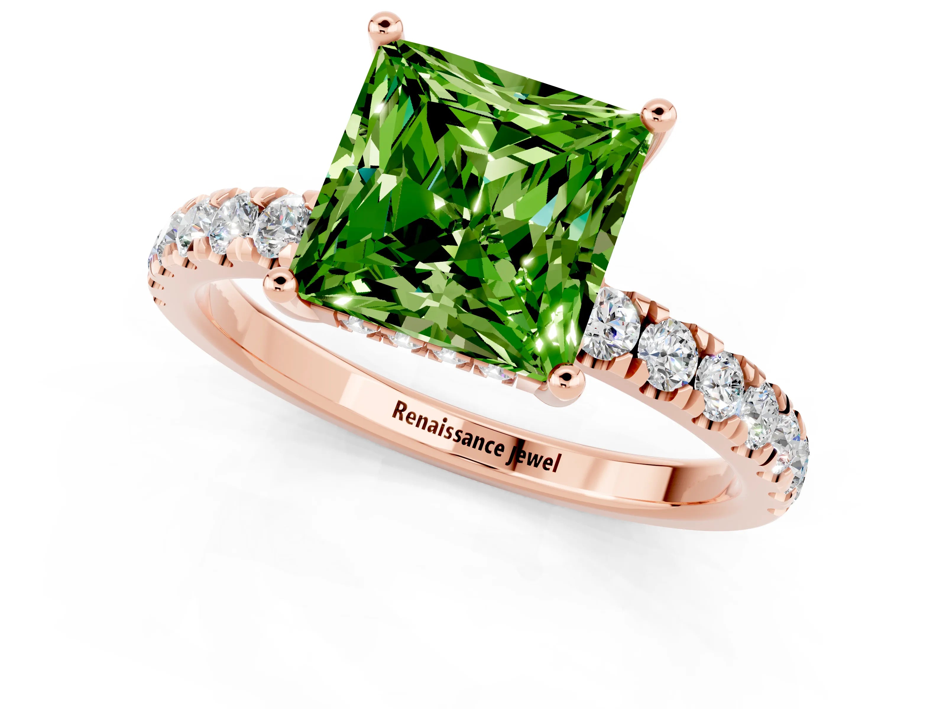 Rose gold Princess Cut Peridot Pave Band Solitaire Ring with Four-Prong Setting_25