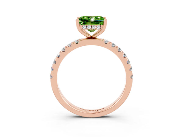 Rose gold Princess Cut Peridot Pave Band Solitaire Ring with Round  and Prong Setting