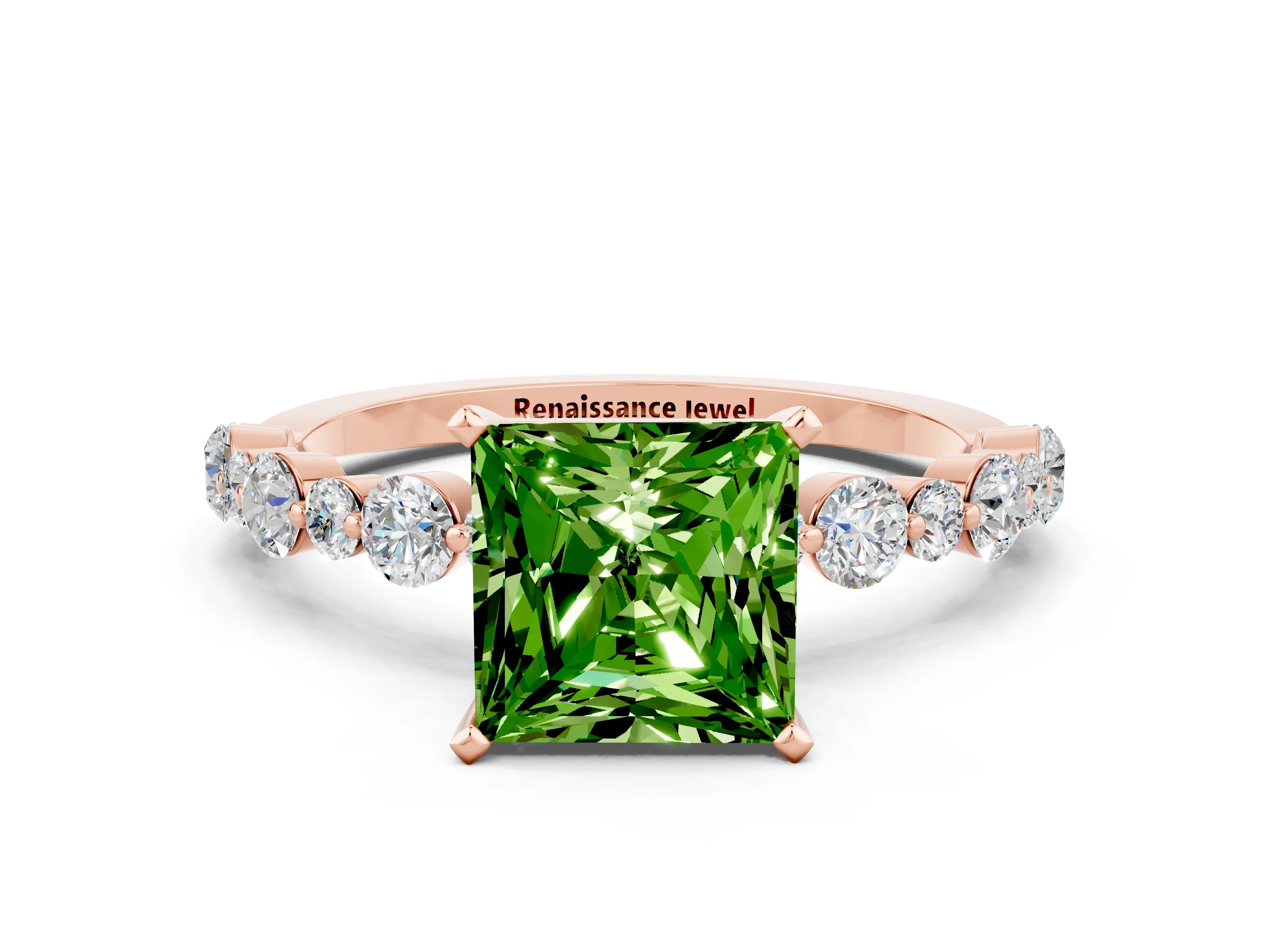 Rose gold Princess Cut Peridot Prong Set Engagement Ring with Pavé Band