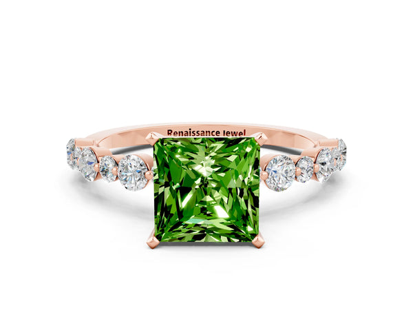 Rose gold Princess Cut Peridot Prong Set Engagement Ring with Pavé Band