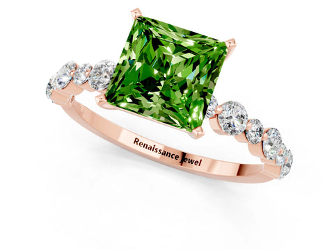Rose gold Princess Cut Peridot Prong Set Engagement Ring with Pavé Band_1
