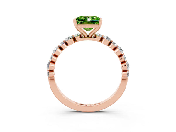 Rose gold Princess Cut Peridot Prong Set Engagement Ring with Pavé Band