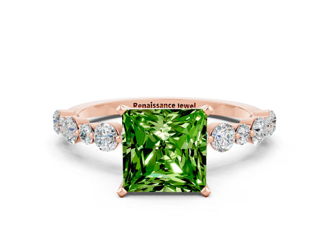 Rose gold Princess Cut Peridot Prong Set Engagement Ring with Pavé Band