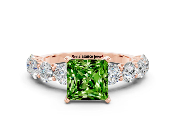 Rose gold Princess Cut Peridot Prong Setting with Side Stones on a Pave Band