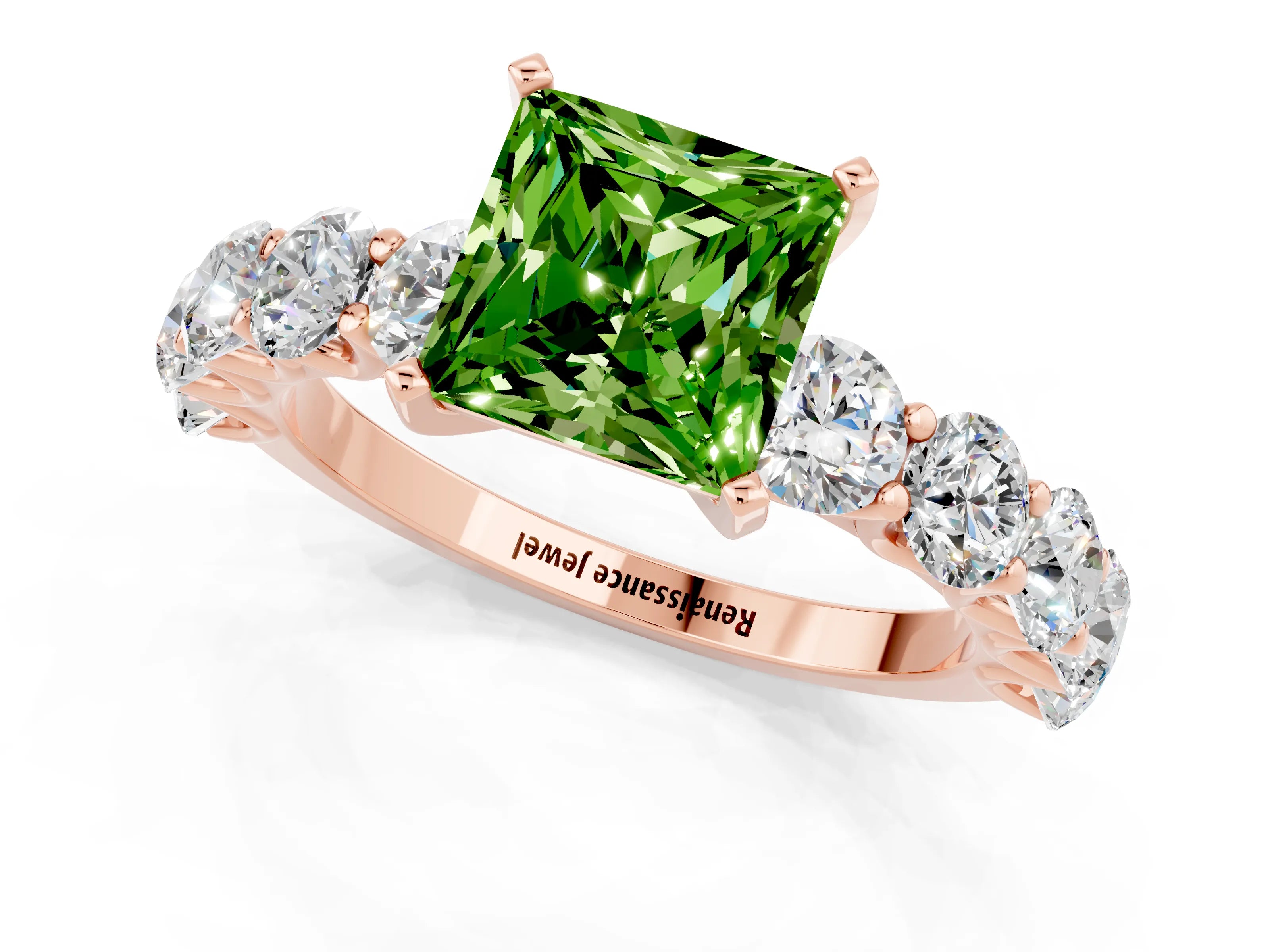 Rose gold Princess Cut Peridot Prong Setting with Side Stones on a Pave Band_1