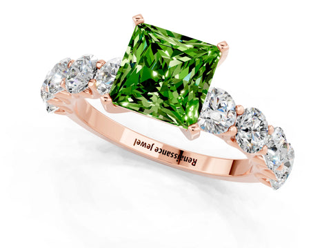 Rose gold Princess Cut Peridot Prong Setting with Side Stones on a Pave Band_1
