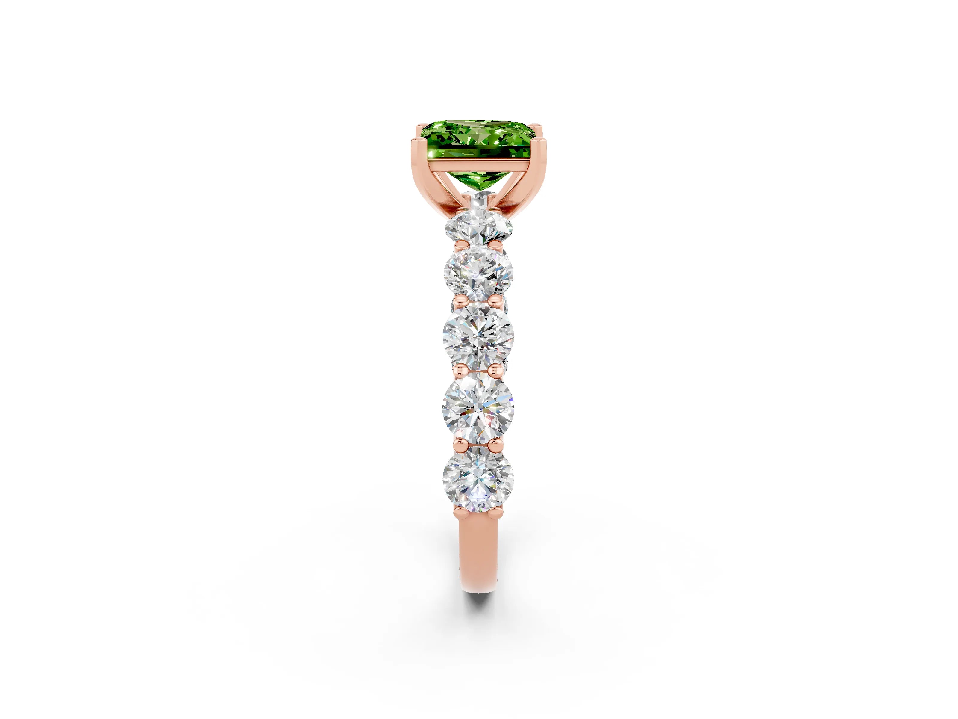Rose gold Princess Cut Peridot Prong Setting with Side Stones on a Pave Band_2