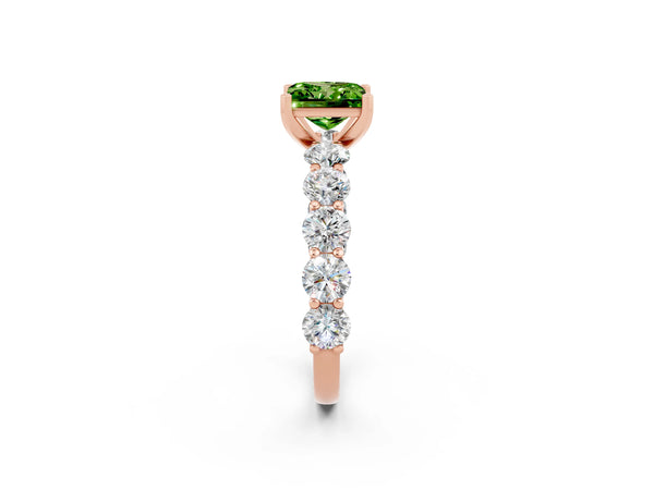 Rose gold Princess Cut Peridot Prong Setting with Side Stones on a Pave Band