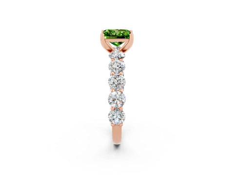 Rose gold Princess Cut Peridot Prong Setting with Side Stones on a Pave Band_2